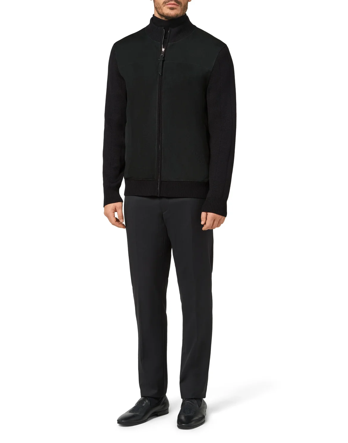 Merino wool Pullover full zip with suede Double B, цвет: Черный