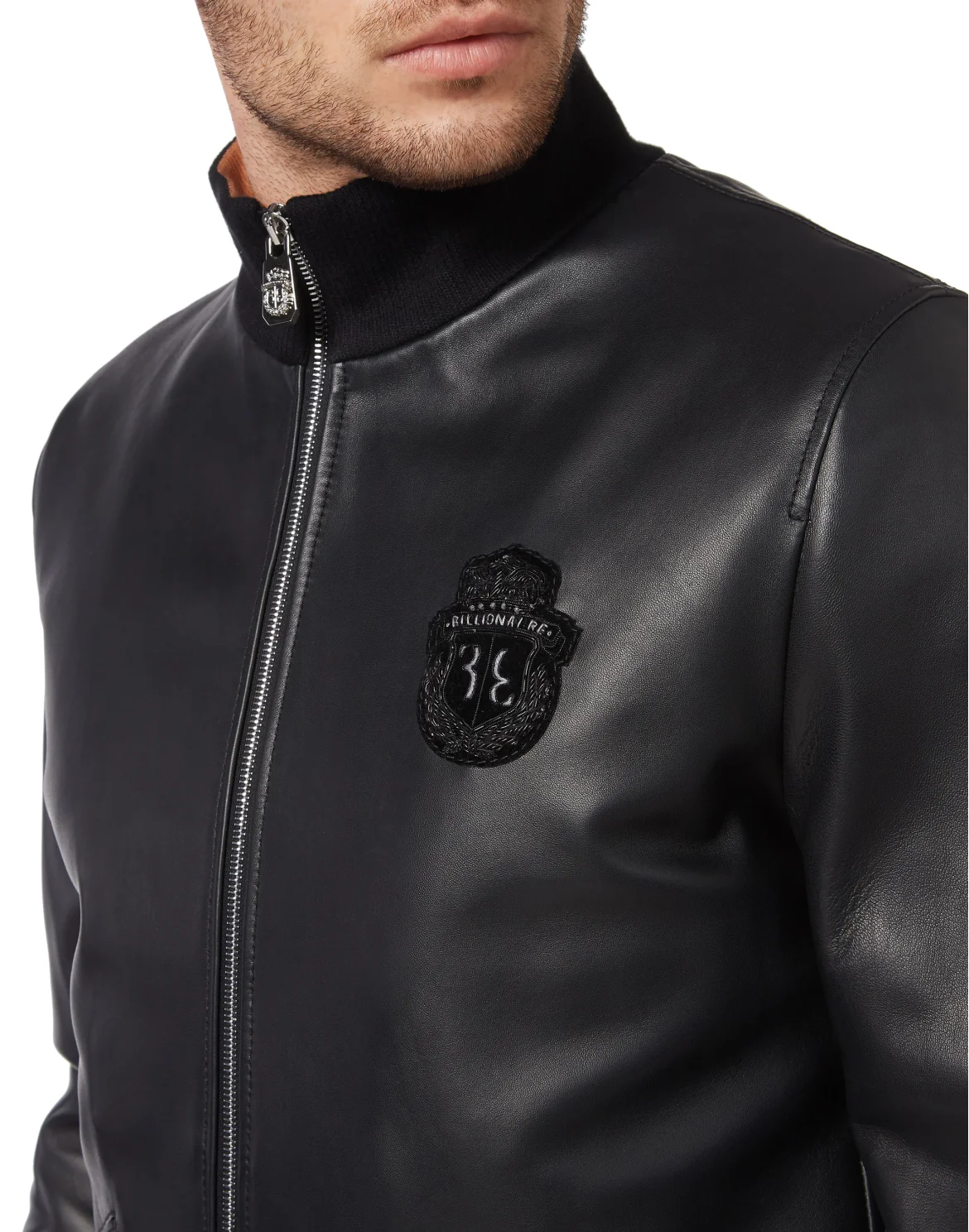 High Collar Leather Bomber, цвет: Черный