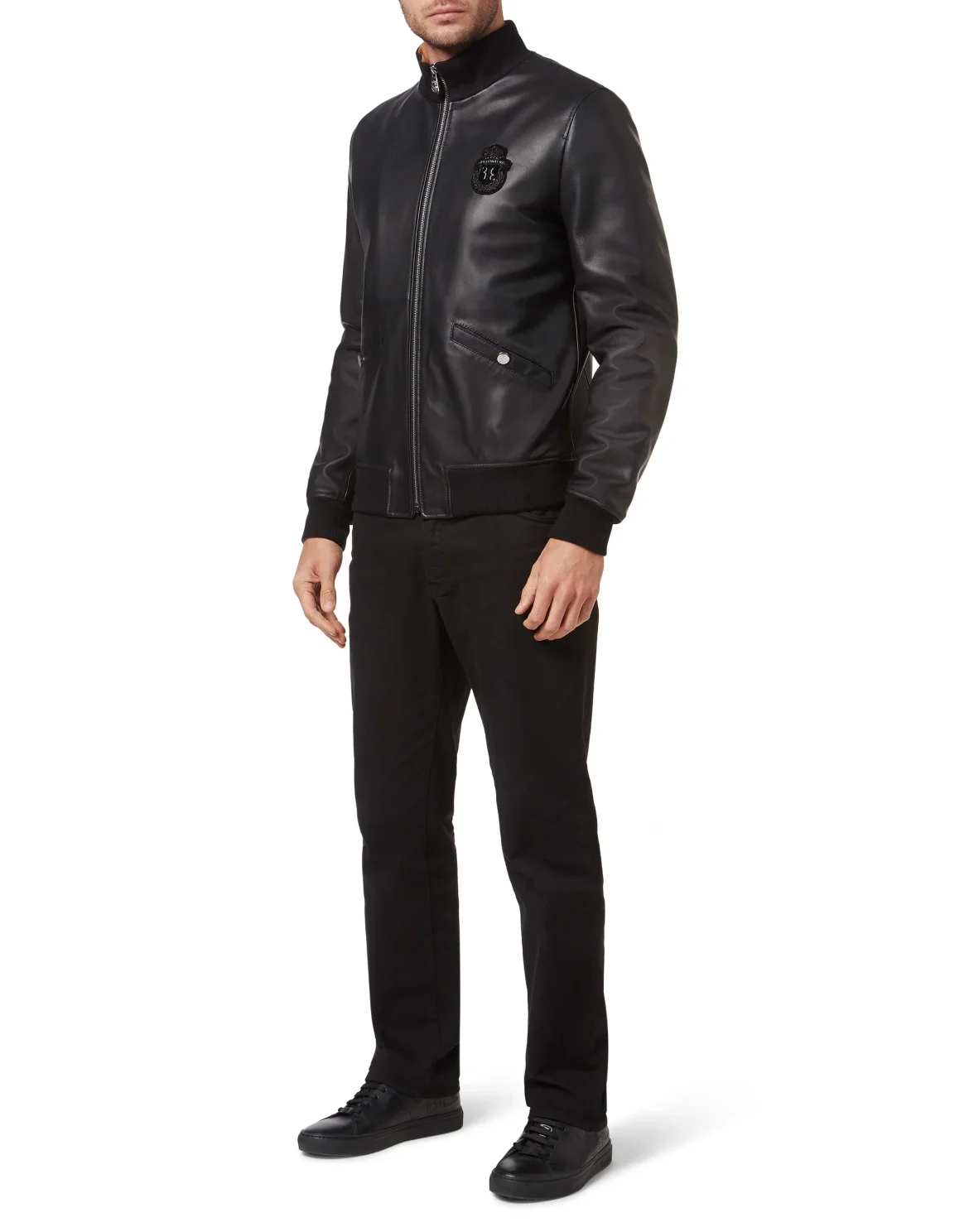 High Collar Leather Bomber, цвет: Черный