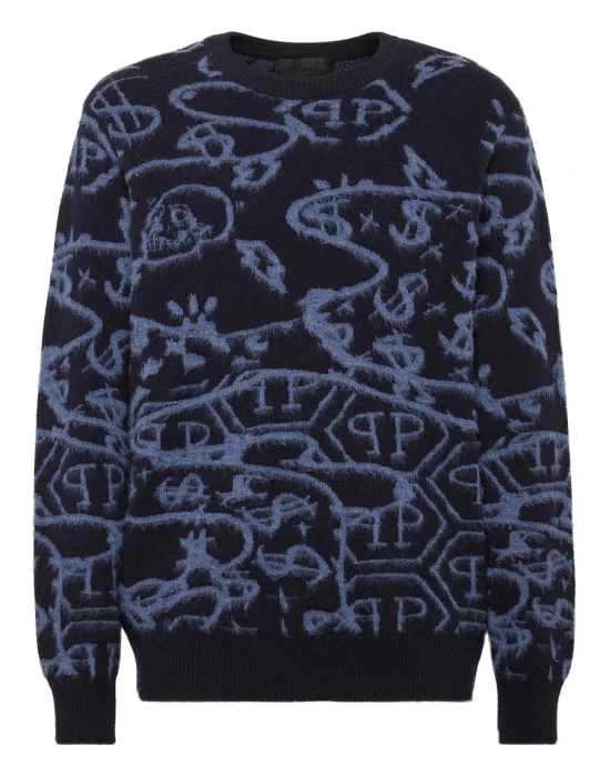 Merino wool Pullover Round Neck LS Jacquard All Over Hexagon