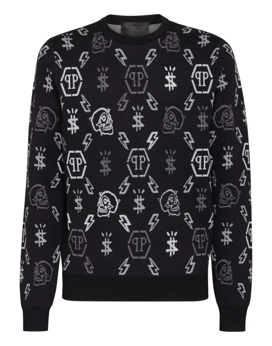 Merino wool Pullover Round Neck LS Jacquard Monogram
