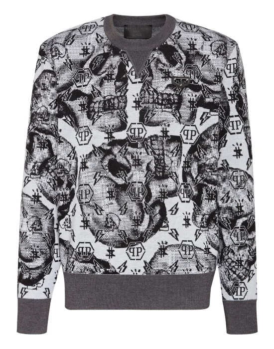 Merino wool Pullover Round Neck LS Jacquard Skull