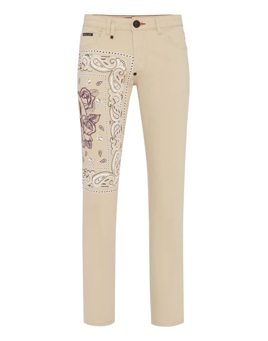 Embroidered Denim Trousers Super Straight Cut Paisley Bandana