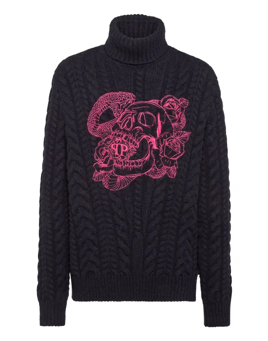 Wool Comfort Cable Knit Turtleneck LS Skull