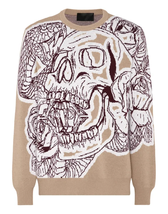 Lambswool Pullover Round Neck LS Skull