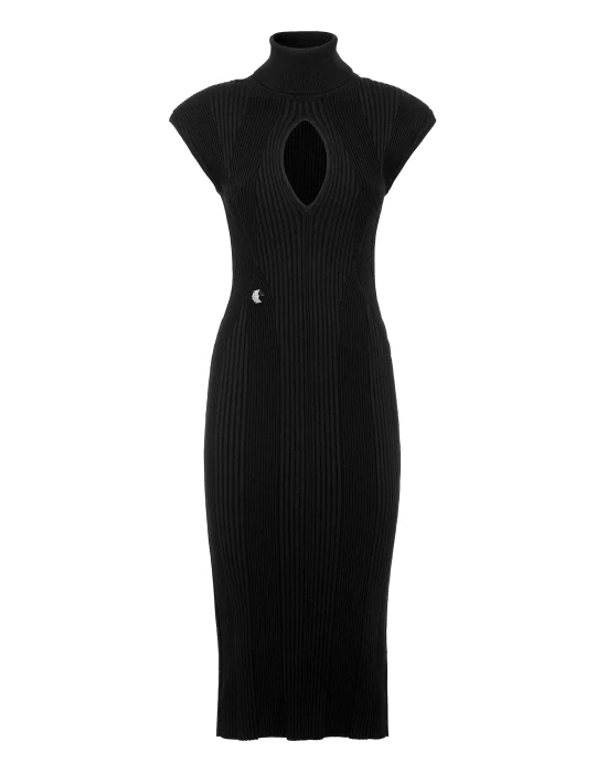 Padded Shoulder Knit Midi Dress