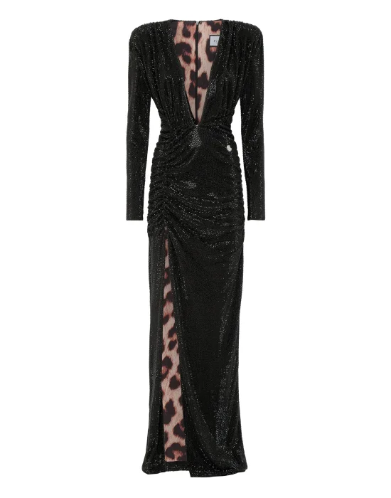 Padded Shoulder V-Neck Long Dress