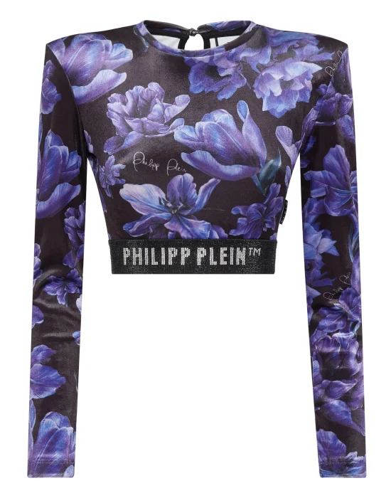 Long-sleeve Padded Shoulder Cropped Top Flowers