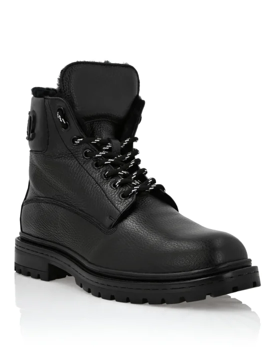 Leather Boots Mid Flat with Fur Gothic Plein