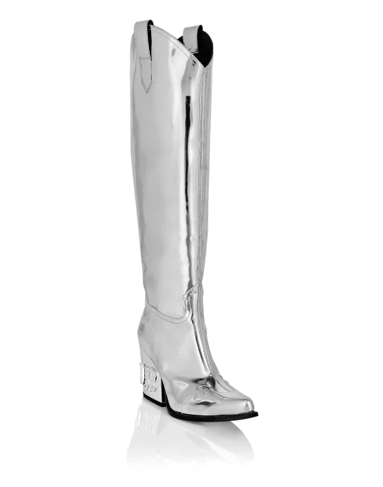 Mirror Leather Boots Low Heels High Gothic Plein