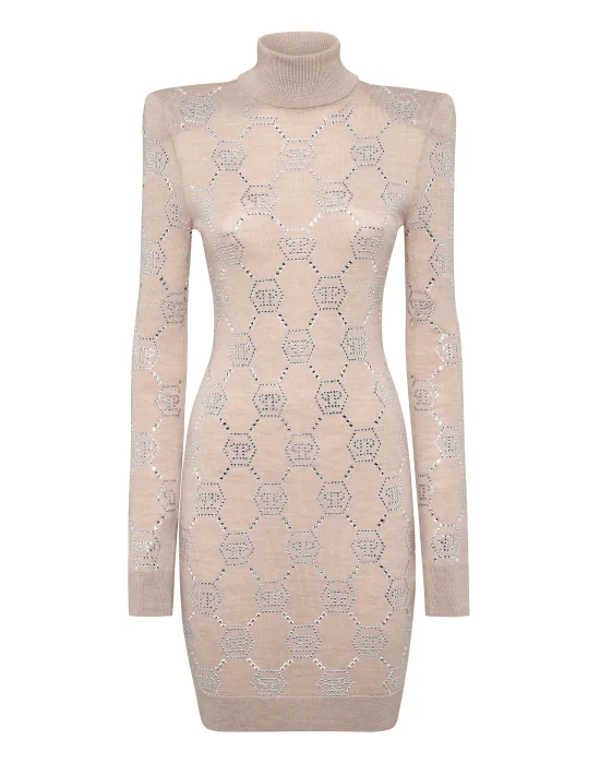 Knitted Strass Mini Dress With Padded Shoulders Monogram