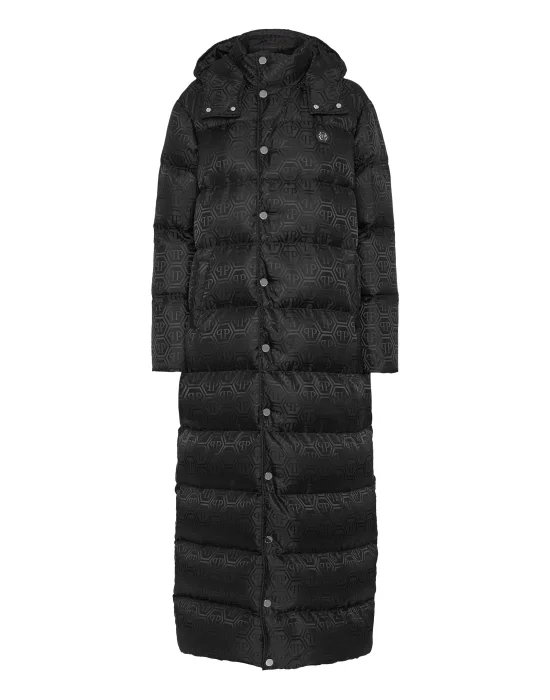 Nylon Jacquard Long Puffer Jacket Monogram