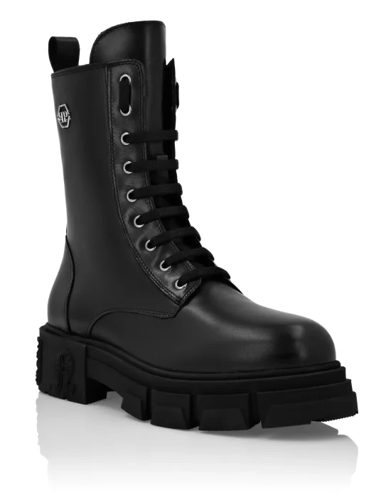 Calf Skin Leather Boots Mid Flat Hexagon