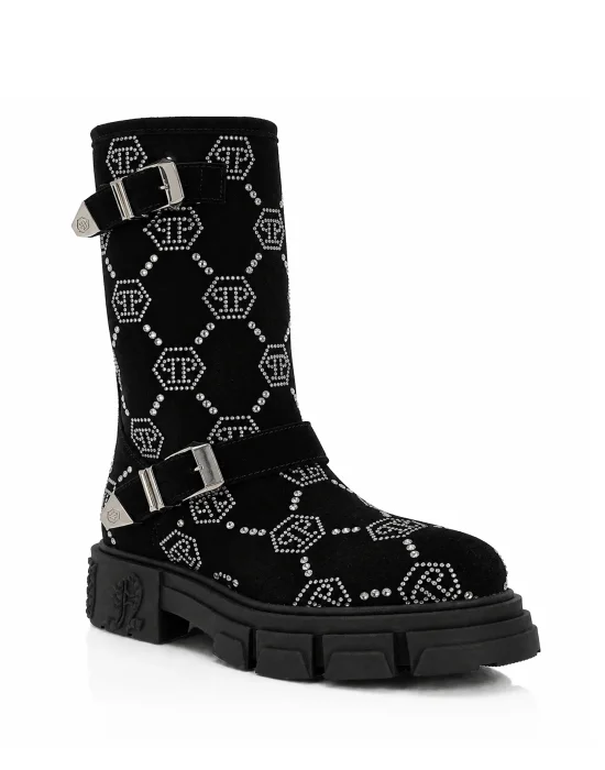 Suede Strass Boots Flat High Monogram