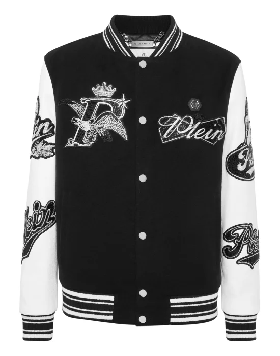 Varsity Bomber with Leather Sleeves Crystal Eagle