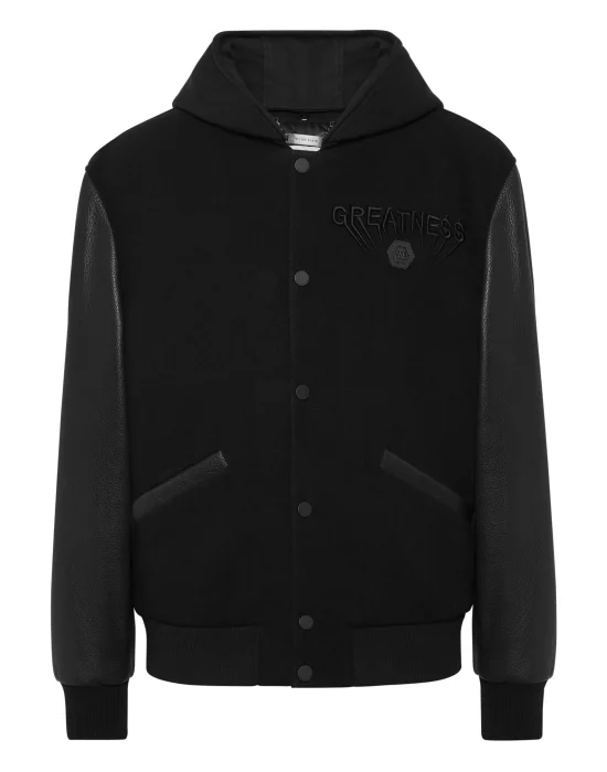 Hooded Varsity Bomber with Leather Sleeves Greatness