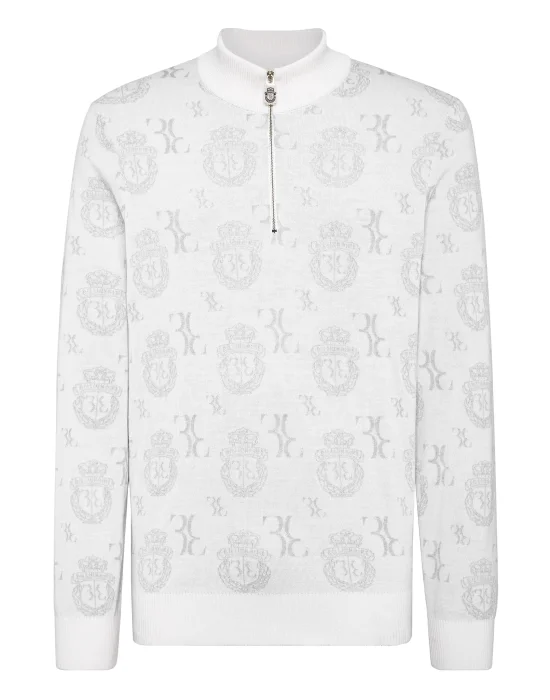 Wool Silk Jacquard Zip Mock Pullover