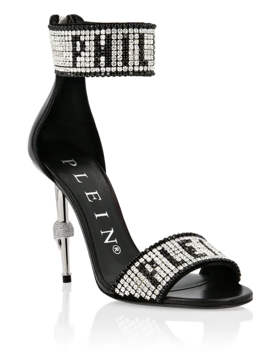 Leather Sandals High Heels Crystal Plein