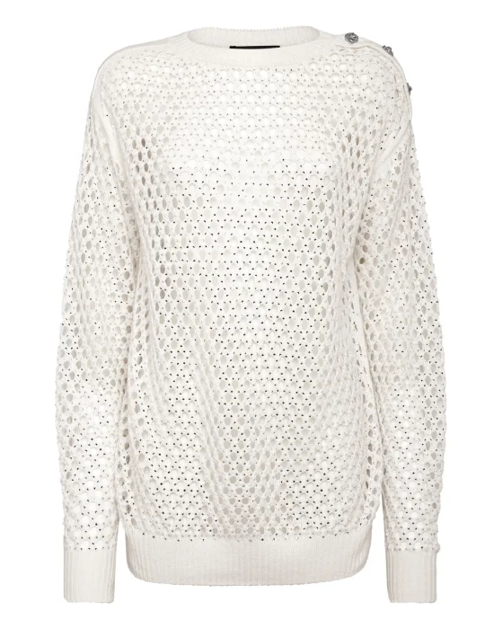 Cashmere 5 Pullover Round Neck LS Fishnet Crystal