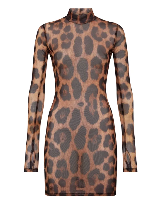 Short Dress Stretch Printed Tulle Leopard