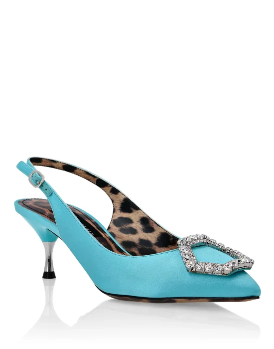 Satin Decollete Slingback Low Heels Crystal Hexagon