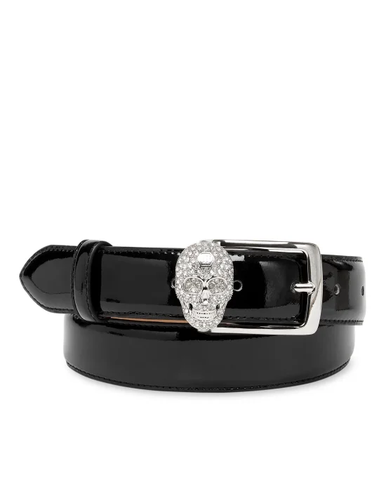 Patent Leather Belt Crystal Skull