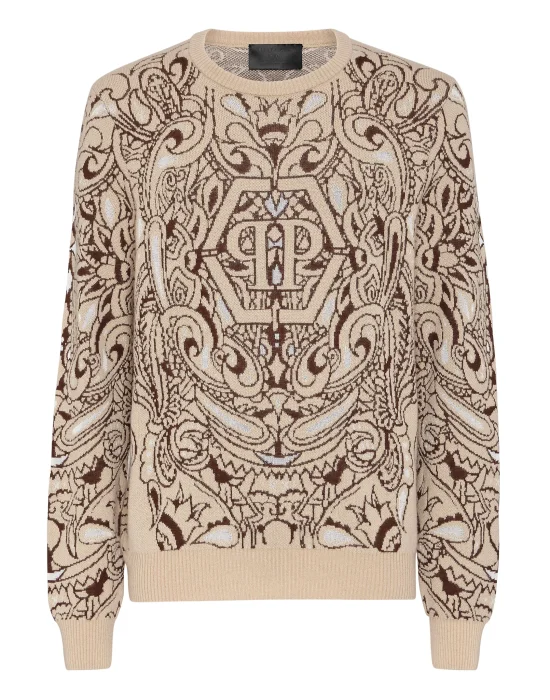Cashmere & Silk Pullover Round Neck LS Paisley Bandana