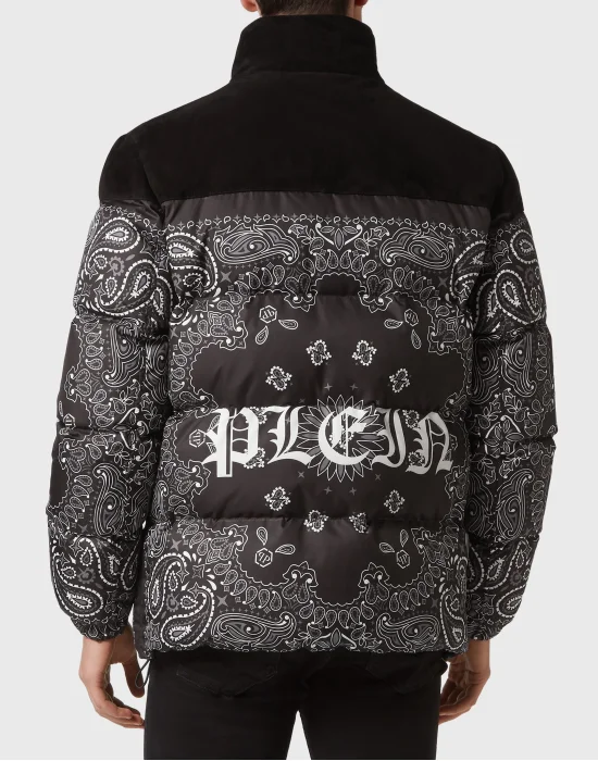 Nylon and Suede Down Jacket Paisley Bandana