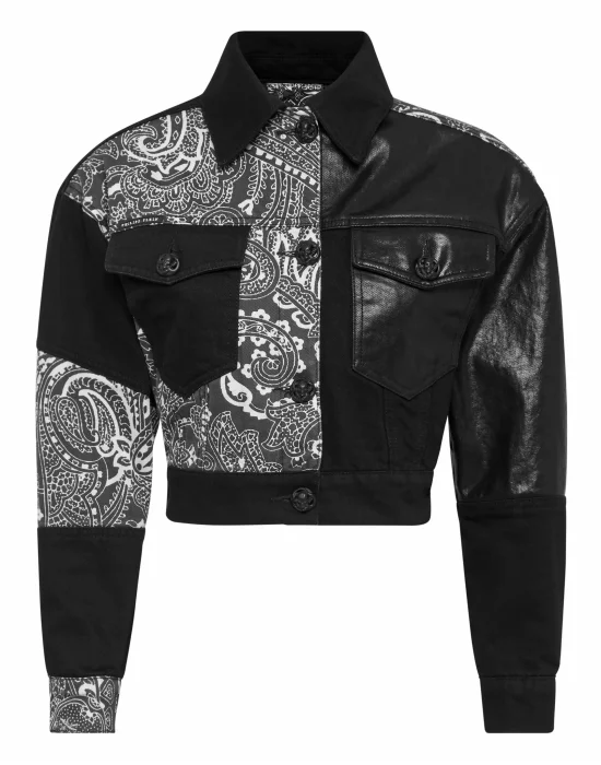 Denim Cropped Jacket Paisley Bandana Patchwork