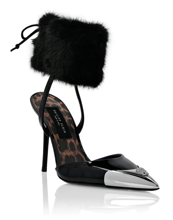 Patent Leather & Real Fur Decollete Mid-Heels Crystal Skull