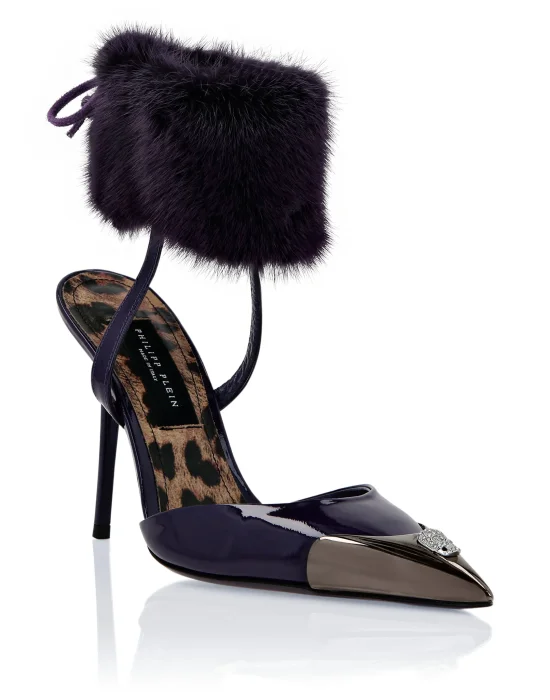 Patent Leather & Real Fur Decollete Mid-Heels Crystal Skull