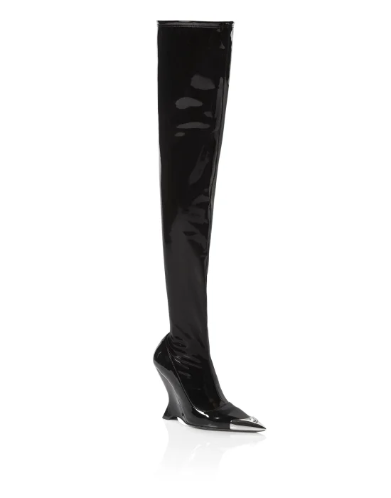 Latex Boots Low Heels Overknee