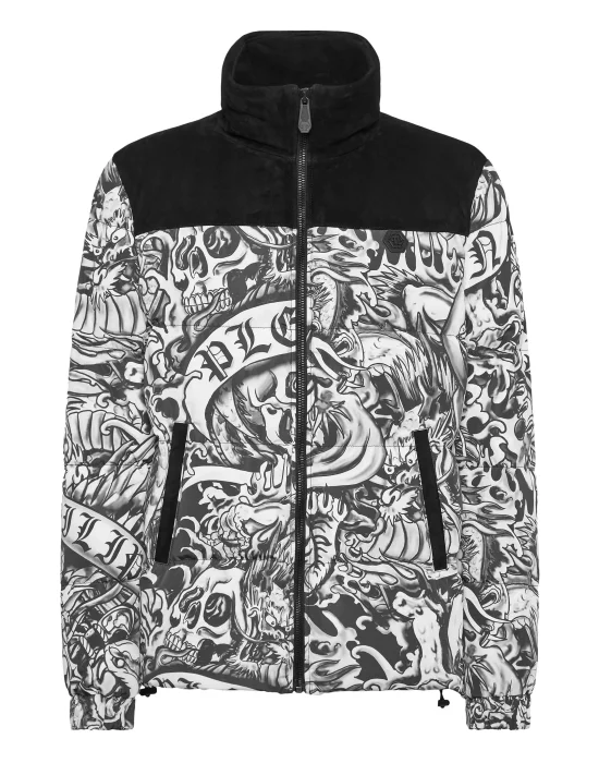 Nylon Puffer Jacket With Leather Inserts Tattoo