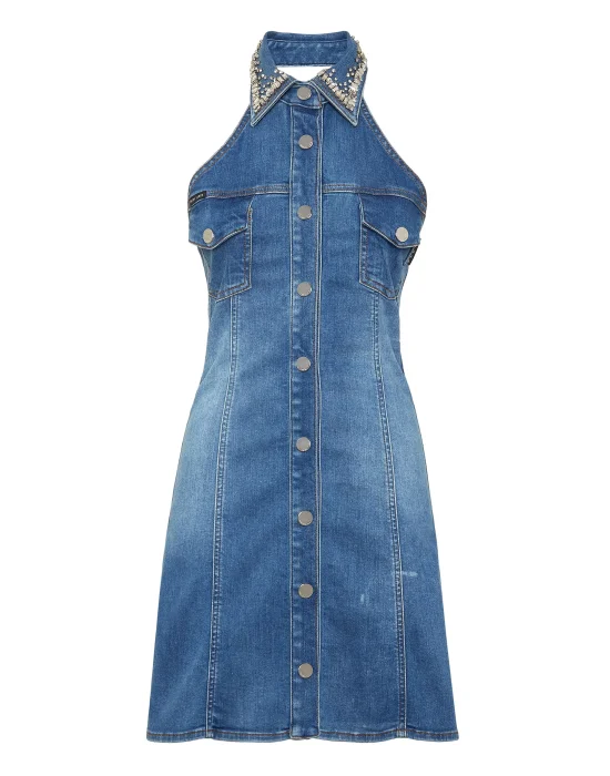 Crystal Collar Denim Mini Dress