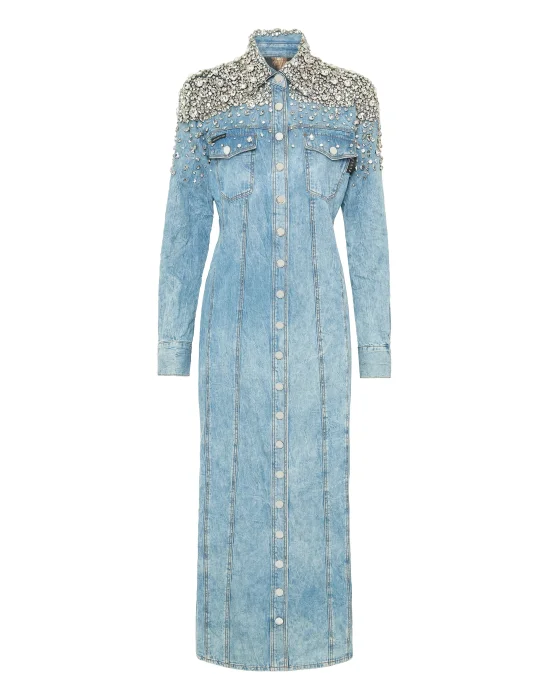 Crystal Denim Shirt Long Dress