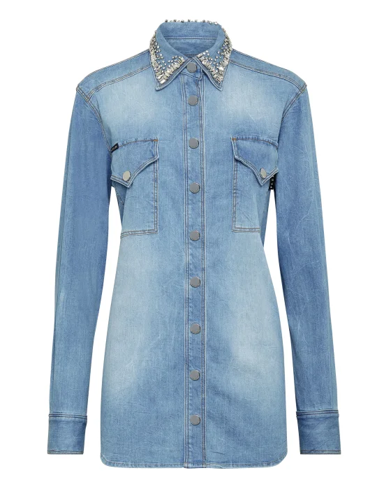 Crystal Collar Denim Shirt LS