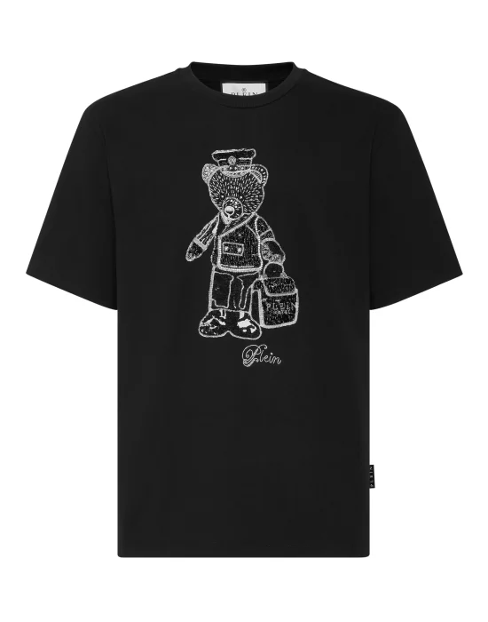 Black White Round Neck T-Shirt Teddy Bear