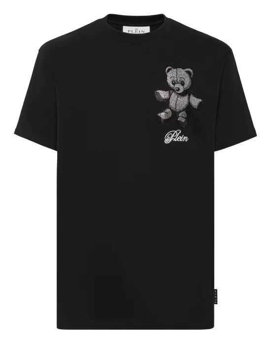 Embroidered Round Neck T-Shirt Strass Teddy Bear