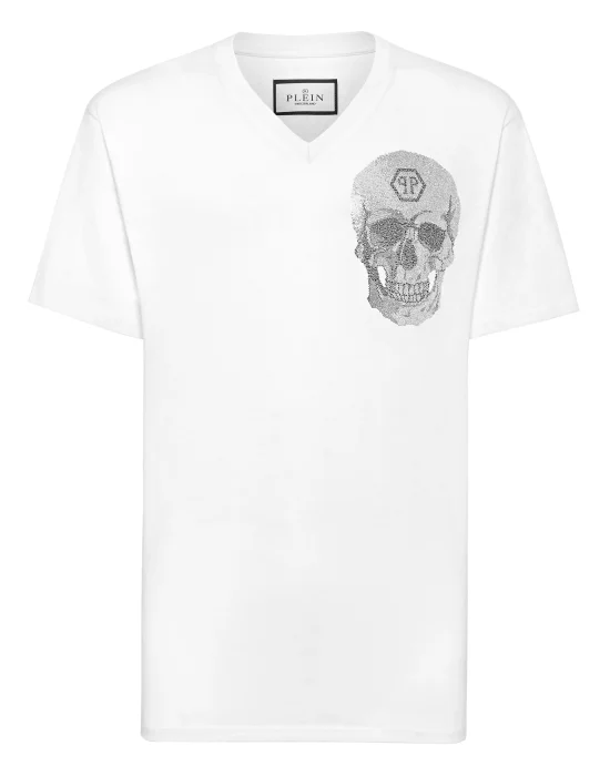 V Neck Heavy Cotton T-Shirt Crystal Skull