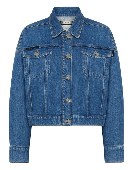 Denim Cropped Jacket Crystal Fringes