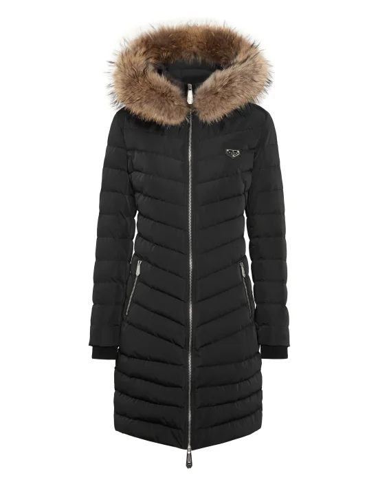 Nylon Puffer Long Down Jacket with Fur Collar