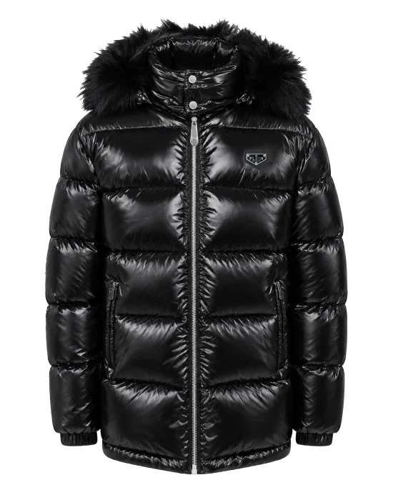 Shiny Nylon Puffer Jacket Fox Fur