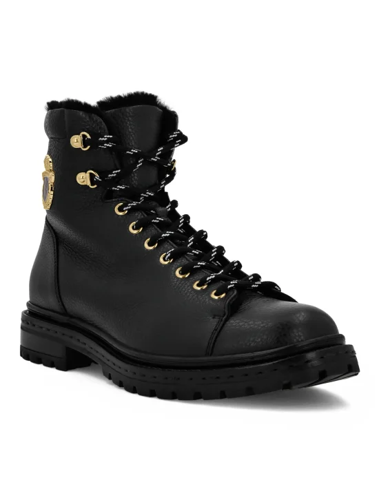 Leather Boots Mid Flat With Fur