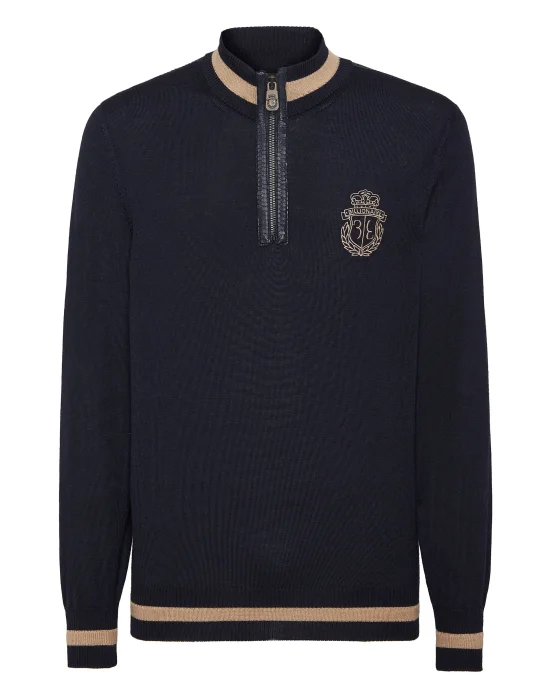 Cashmere & Silk Pullover Zip Mock with Elaphe Inserts