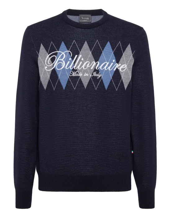 Embroidered Cotton Cashmere Round Neck Pullover Diamonds