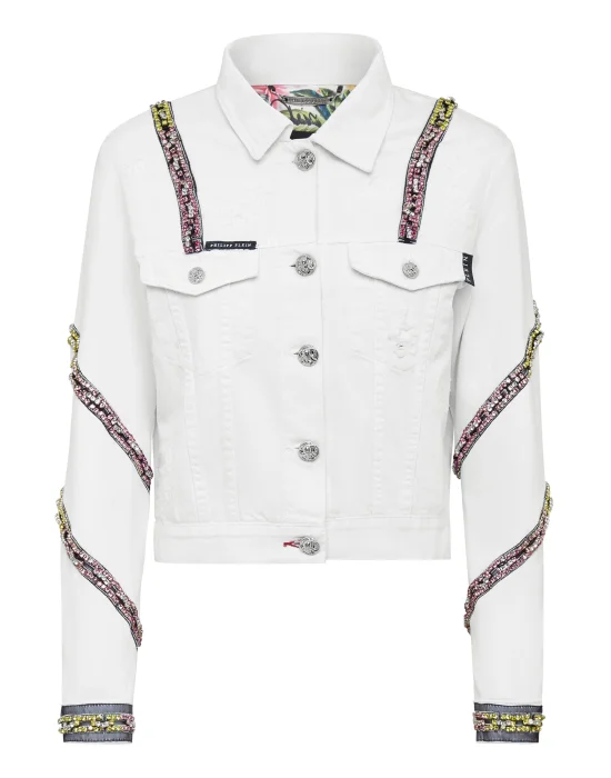  Denim Cropped Jacket Crystal
