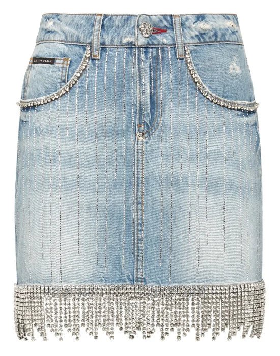 Denim Skirt Crystal Fringe