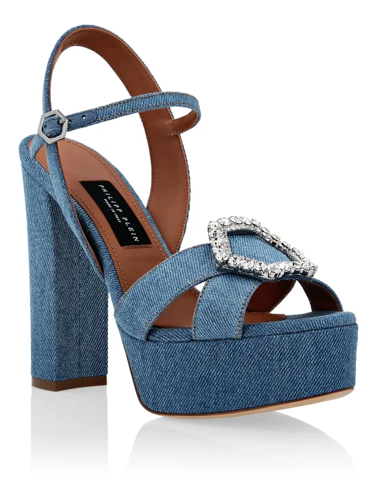 Denim Sandals High Heels Crystal Hexagon