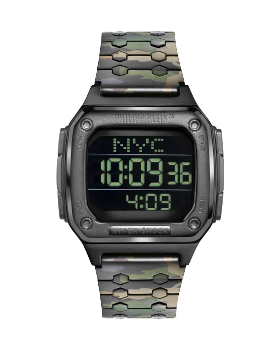 HYPER $HOCK 44MM - IP GUN CASE - BLACK DISPLAY - CAMOUFLAGE METAL BAND - Watch Hyper $hock