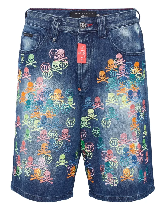 Denim Capri Shorts Skull